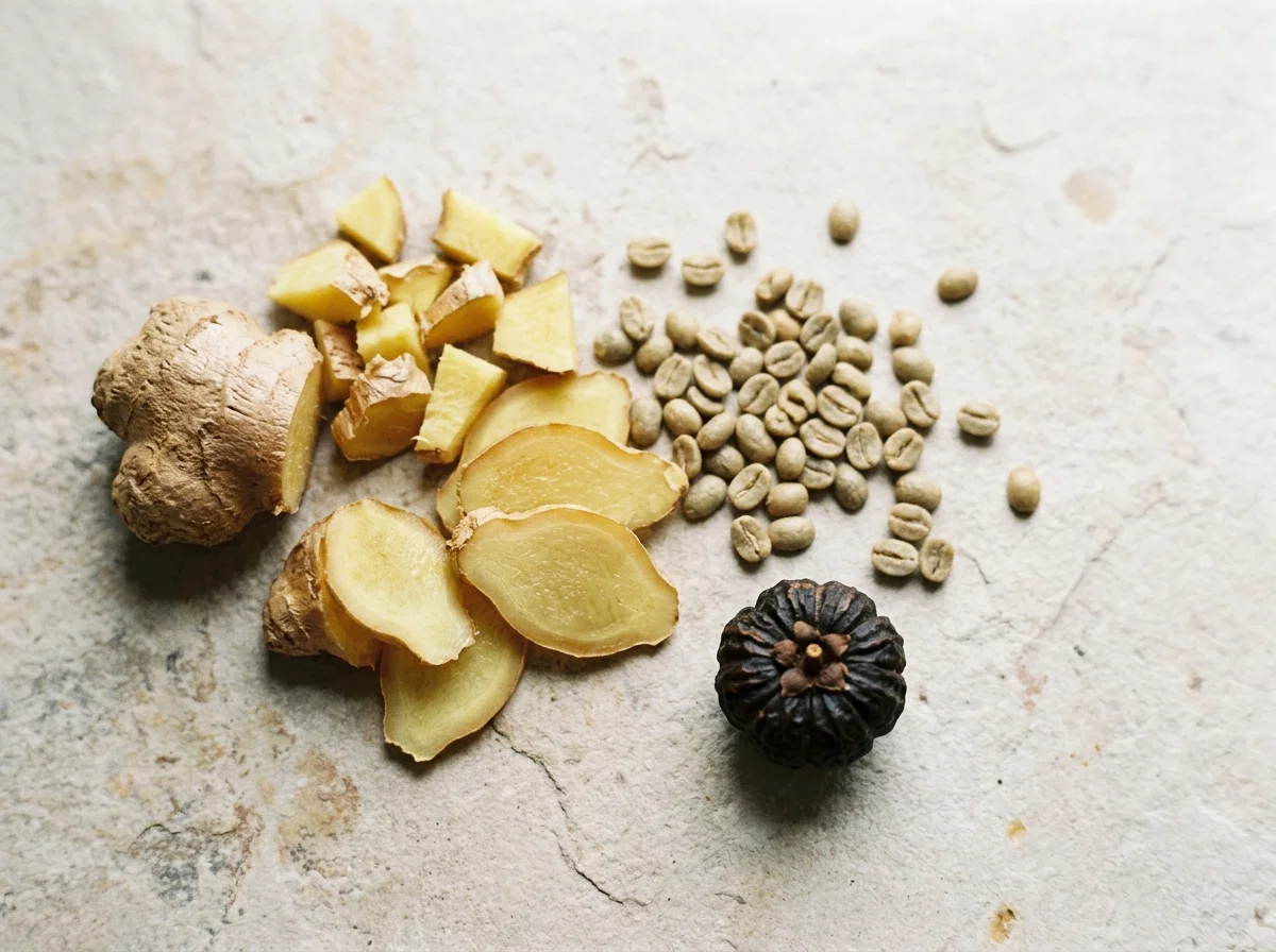 Dried green coffee beans and ginger root on a stone surface