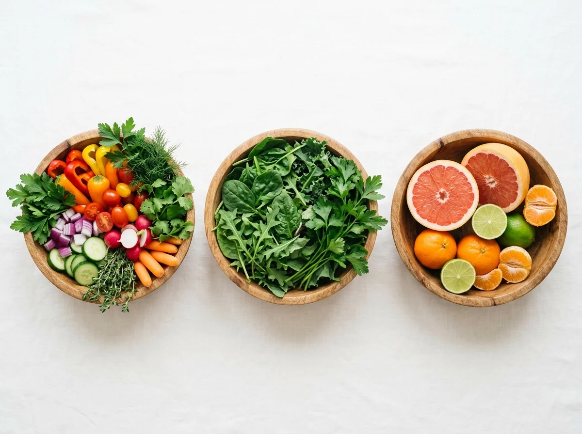 Fresh herb and vegetable bowls representing digestive support ginger supplement ingredients