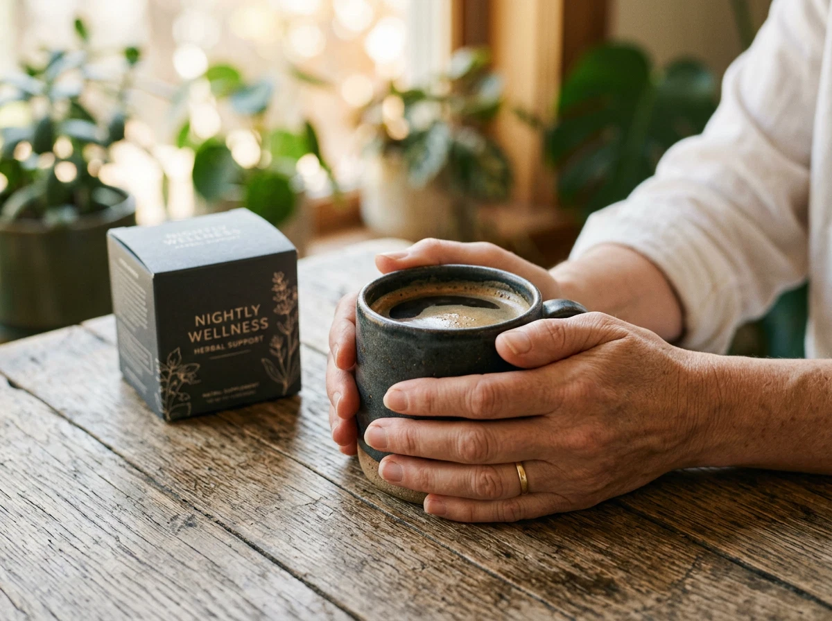 Morning wellness supplement routine - hands holding warm coffee mug with plant-based supplement beside it