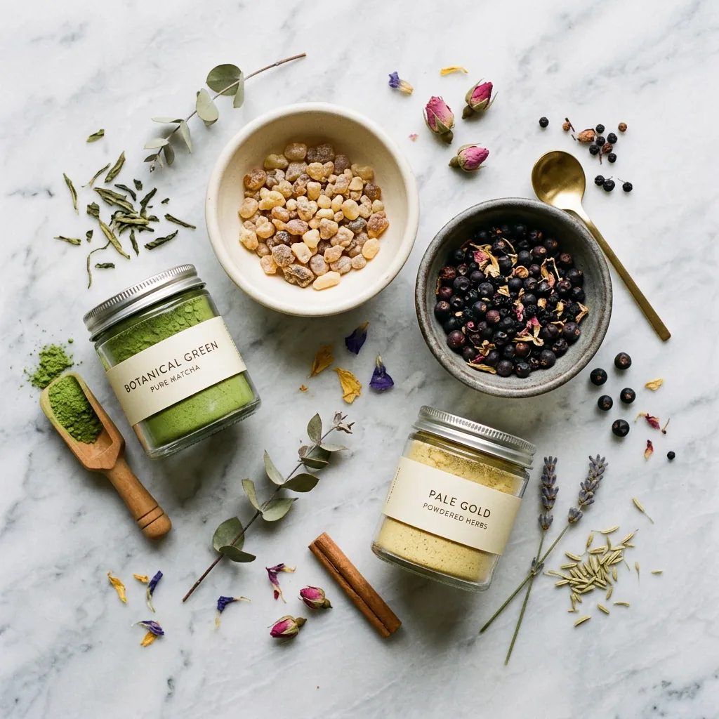Plant powder and botanical ingredient jars on marble surface - natural plant extract supplement for metabolism